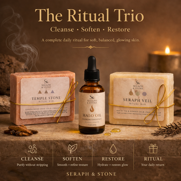 The Ritual Trio | Cleanse, Soften & Restore Set | 2 Natural Soap Bars + Hydrating Body Oil | Seraph & Stone
