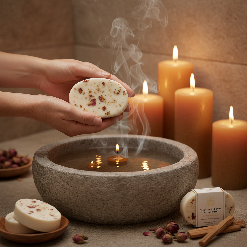 Temple Stone ritual bar held in hands in serene spa setting with candlelight