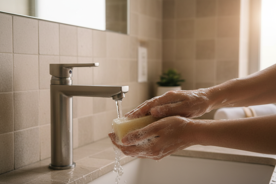 Seraph Veil soap bar being lathered in spa setting