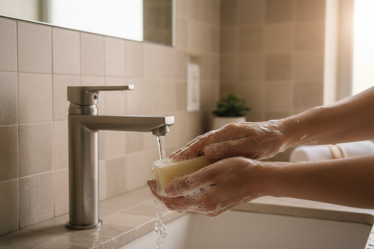 Seraph Veil soap bar being lathered in spa setting