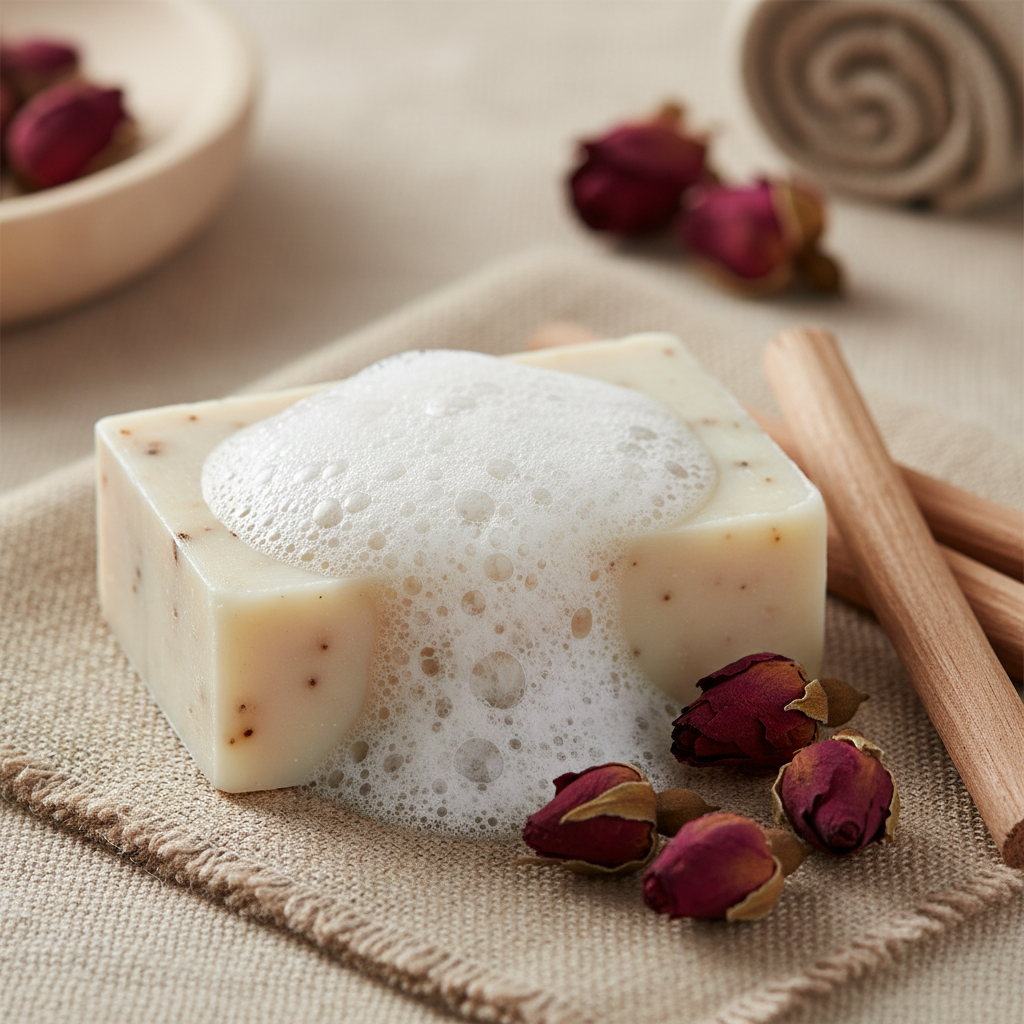 Temple Stone ritual bar close-up texture with sandalwood and rose buds on linen