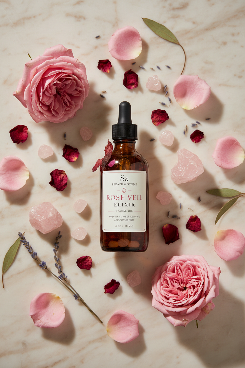 Rose Veil Elixir lifestyle flat lay with rose petals and rose quartz on marble
