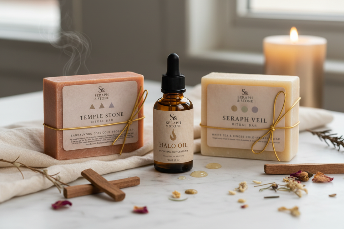 The Ritual Trio lifestyle flat lay on marble with botanicals and linen
