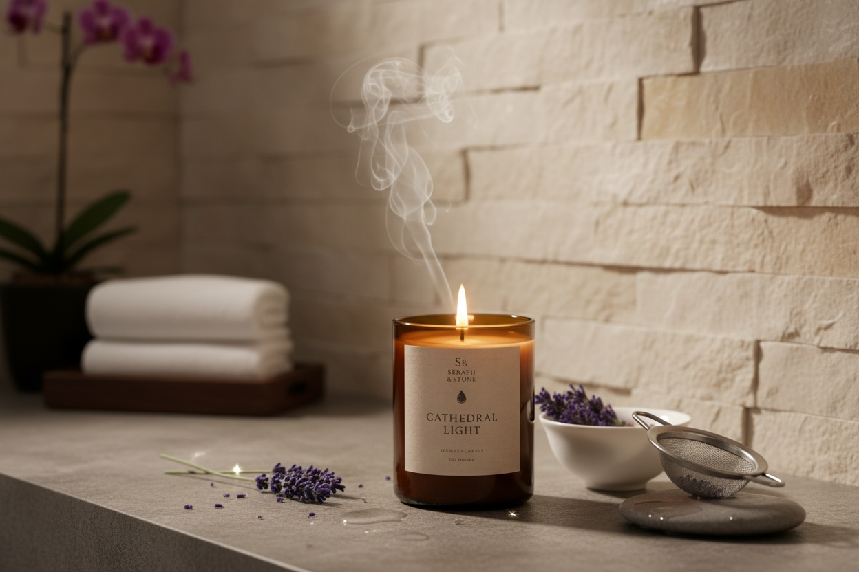 Cathedral Light candle burning in spa setting